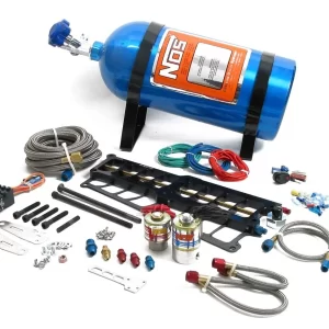 NOS PLATE WET NITROUS SYSTEM - FORD 1986-1995 Ford 5.0L Engine with Holley SysteMAX intake manifold. Includes plate, Bigshot solenoids, and 10 lb. blue bottle  Part #  02119NOS