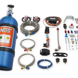 NOS SINGLE FOGGER WET NITROUS SYSTEM - FORD 2005-2010 Mustang w/ 4.6L 3 Valve Engine - Single Nozzle Wet System is adjustable up to 75 HP, includes 10 lb blue bottle.  Part #  02121NOS