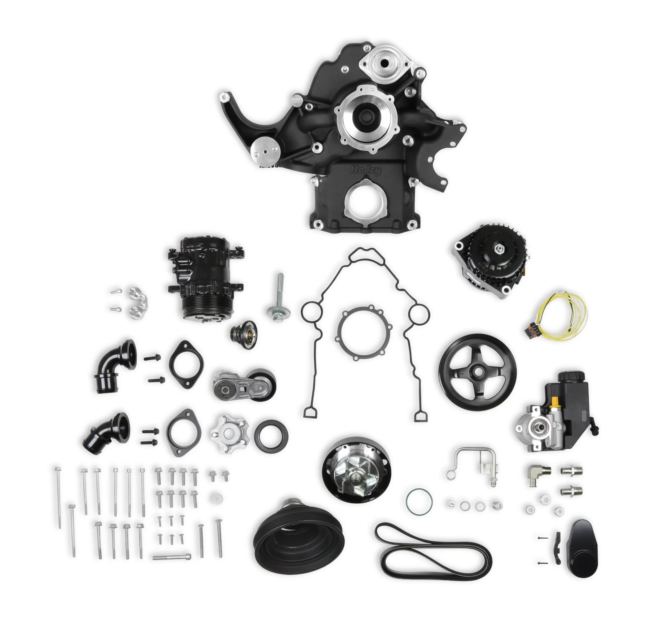 HOLLEY BLACK MID-MOUNT COMPLETE ACCESSORY SYSTEM Gen III Hemi Engine - VVT - Fits 2009 & Up 5.7L & 2011 & Up 6.4L Engines - Black Finish - Factory Style Damper Damper Style - Cast Damper Engine - Gen III Hemi - VVT Finish - Black Part # 20-291BK