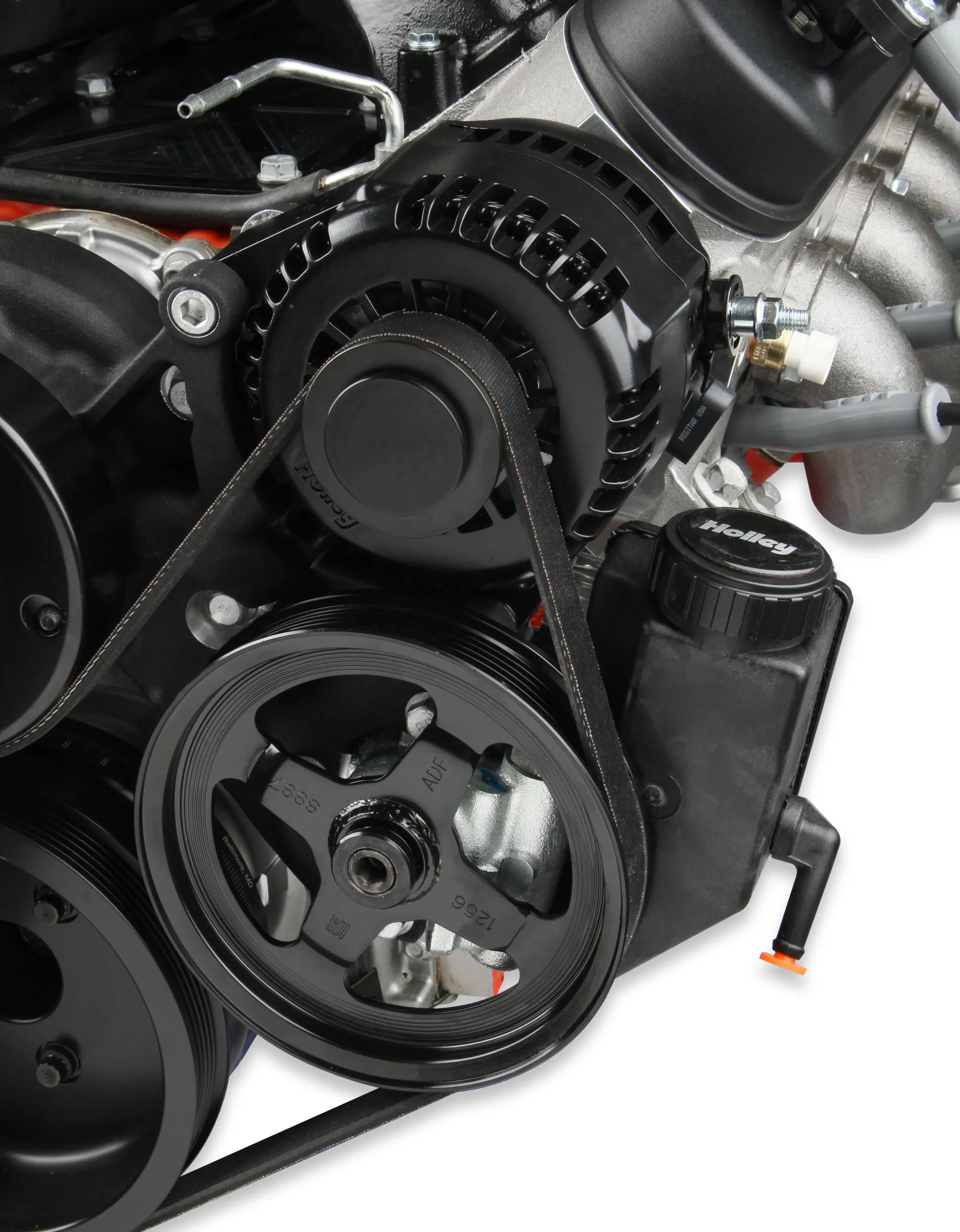 HOLLEY PREMIUM BLACK MID-MOUNT COMPLETE ACCESSORY SYSTEM FOR LT ENGINES Complete GM Gen V LT Accessory Drive System w/ Alt, P/S, A/C, Water Pump, SFI certified damper w/hard anodized billet crank pulley, Belts, and crankshaft damper. Damper Style - SFI Certified Finish - Black Part # 20-200BK - Image 3