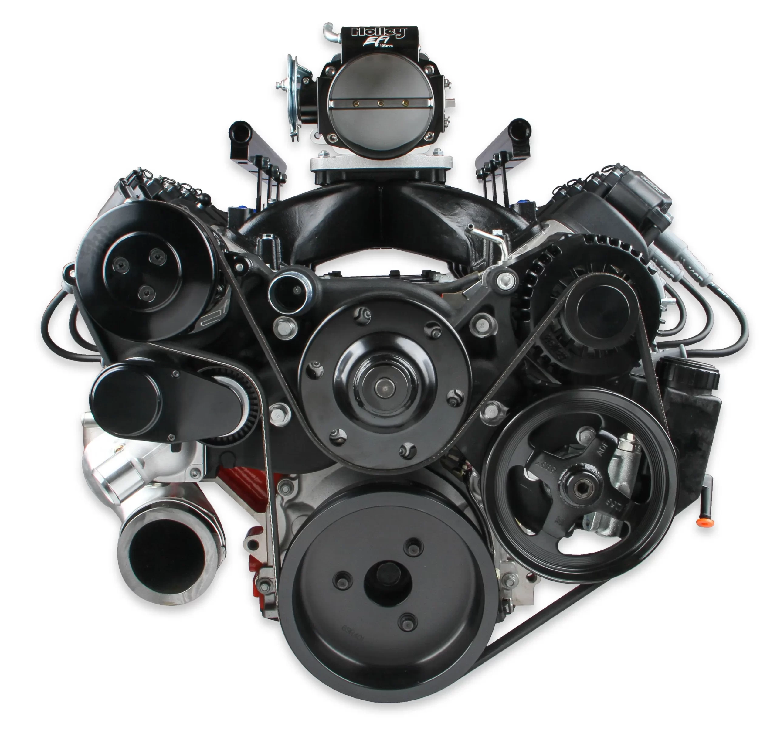 HOLLEY PREMIUM BLACK MID-MOUNT COMPLETE ACCESSORY SYSTEM FOR LT ENGINES Complete GM Gen V LT Accessory Drive System w/ Alt, P/S, A/C, Water Pump, SFI certified damper w/hard anodized billet crank pulley, Belts, and crankshaft damper. Damper Style - SFI Certified Finish - Black Part # 20-200BK - Image 4