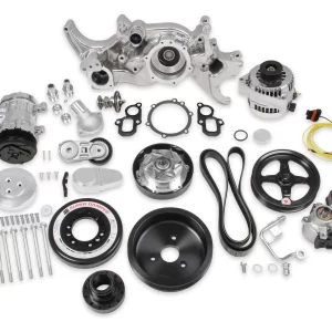 HOLLEY PREMIUM POLISHED MID-MOUNT COMPLETE ACCESSORY SYSTEM FOR LT ENGINES Complete GM Gen V LT Accessory Drive System w/ Alt, P/S, A/C, Water Pump, SFI certified damper w/hard anodized billet crank pulley, Belts, and crankshaft damper.   Damper Style - SFI Certified    Finish - Polished Part #  20-200P