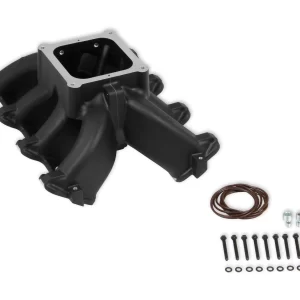 HOLLEY SINGLE PLANE 4500 CARBURETED SPLIT-DESIGN RACE INTAKE MANIFOLD- GM LS1/LS2/LS6 Split-Design Race Intake Manifold- GM LS1/LS2/LS6 Carbureted with Black Finish  Part #  300-295BK