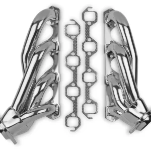 FLOWTECH SHORTY HEADERS - CERAMIC COATED 1964-1/2 to 1973 Ford Mustang, Falcon, Fairlane, Torino, Ranchero, Comet, Cyclone and Montego V8-289/302/5.0L, Tube Size 1-5/8" O.D., 2-1/2" Collector: 3/8" Flange; Silver Ceramic Coated  Part #  32103FLT