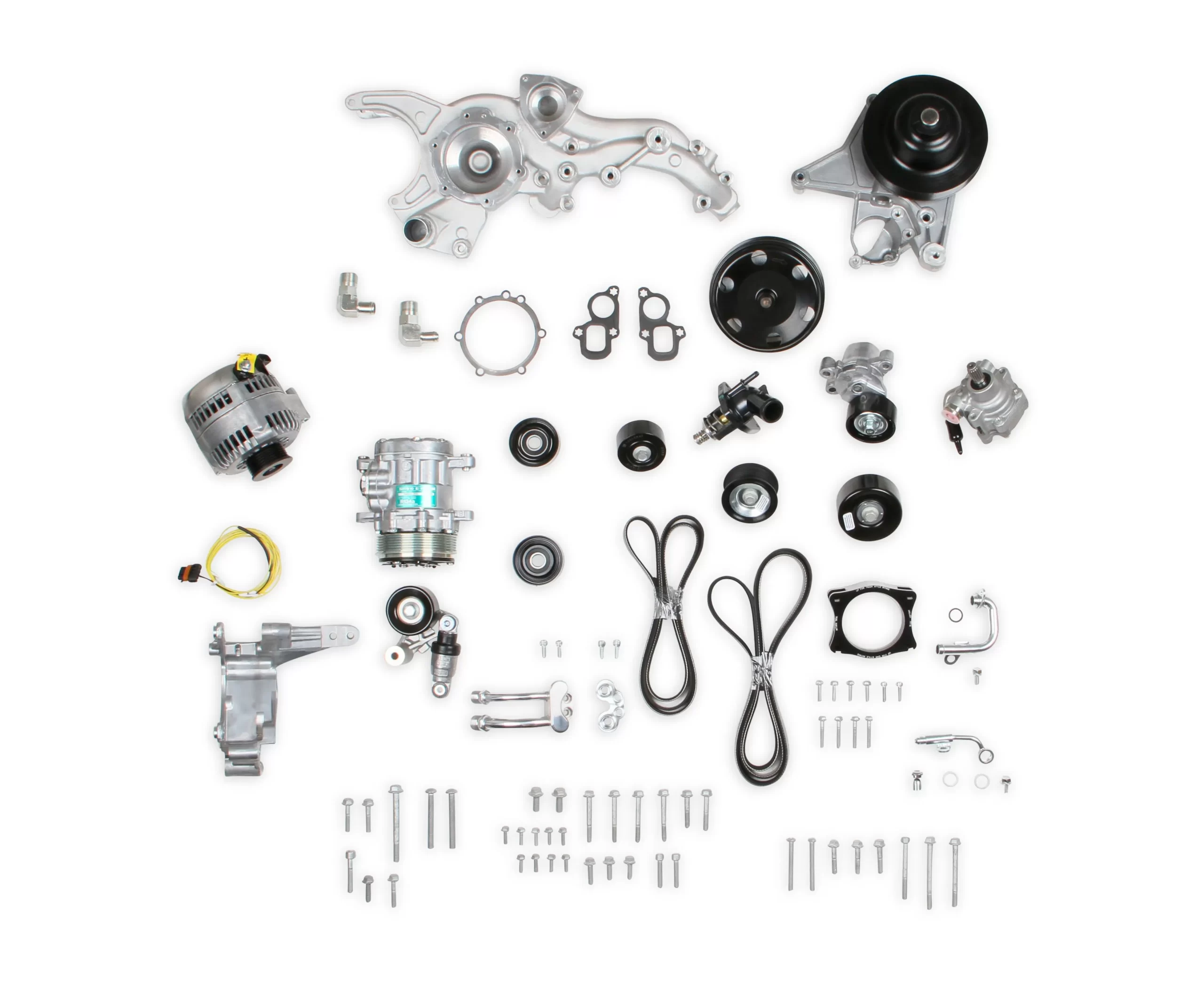 HOLLEY PREMIUM MID-MOUNT COMPLETE ACCESSORY SYSTEM FOR GM GEN V LT4 DRY SUMP ENGINES Complete GM Gen V LT4 Accessory Drive System w/ Alt, P/S, A/C, Water Pump, Belts, and hardware. Part # 20-221