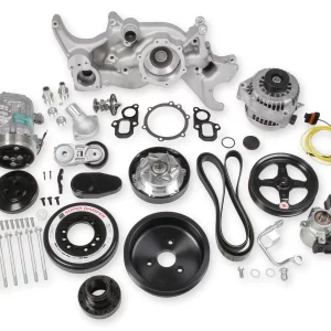 HOLLEY PREMIUM MID-MOUNT COMPLETE ACCESSORY SYSTEM FOR LT ENGINES Complete GM Gen V LT Accessory Drive System w/ Alt, P/S, A/C, Water Pump, SFI certified damper w/hard anodized billet crank pulley, Belts, and crankshaft damper.   Damper Style - SFI Certified    Finish - Cast Part #  20-200