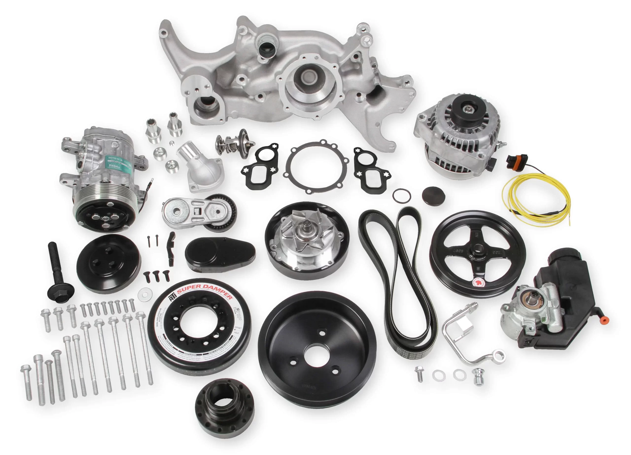 HOLLEY PREMIUM MID-MOUNT COMPLETE ACCESSORY SYSTEM FOR LT ENGINES Complete GM Gen V LT Accessory Drive System w/ Alt, P/S, A/C, Water Pump, SFI certified damper w/hard anodized billet crank pulley, Belts, and crankshaft damper. Damper Style - SFI Certified Finish - Cast Part # 20-200