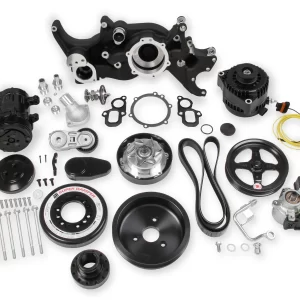 HOLLEY PREMIUM BLACK MID-MOUNT COMPLETE ACCESSORY SYSTEM FOR LT ENGINES Complete GM Gen V LT Accessory Drive System w/ Alt, P/S, A/C, Water Pump, SFI certified damper w/hard anodized billet crank pulley, Belts, and crankshaft damper.   Damper Style - SFI Certified    Finish - Black Part #  20-200BK