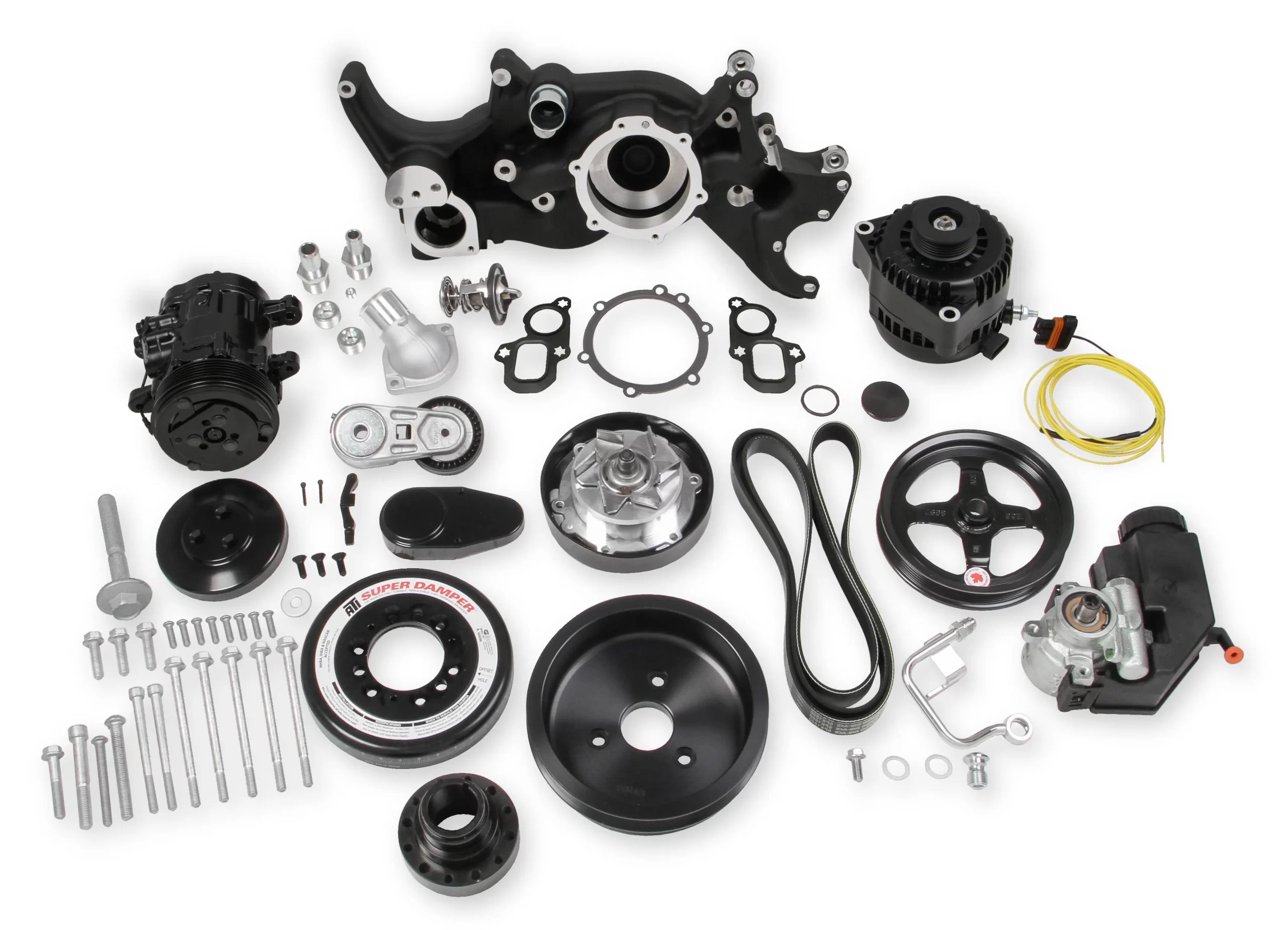HOLLEY PREMIUM BLACK MID-MOUNT COMPLETE ACCESSORY SYSTEM FOR LT ENGINES Complete GM Gen V LT Accessory Drive System w/ Alt, P/S, A/C, Water Pump, SFI certified damper w/hard anodized billet crank pulley, Belts, and crankshaft damper. Damper Style - SFI Certified Finish - Black Part # 20-200BK