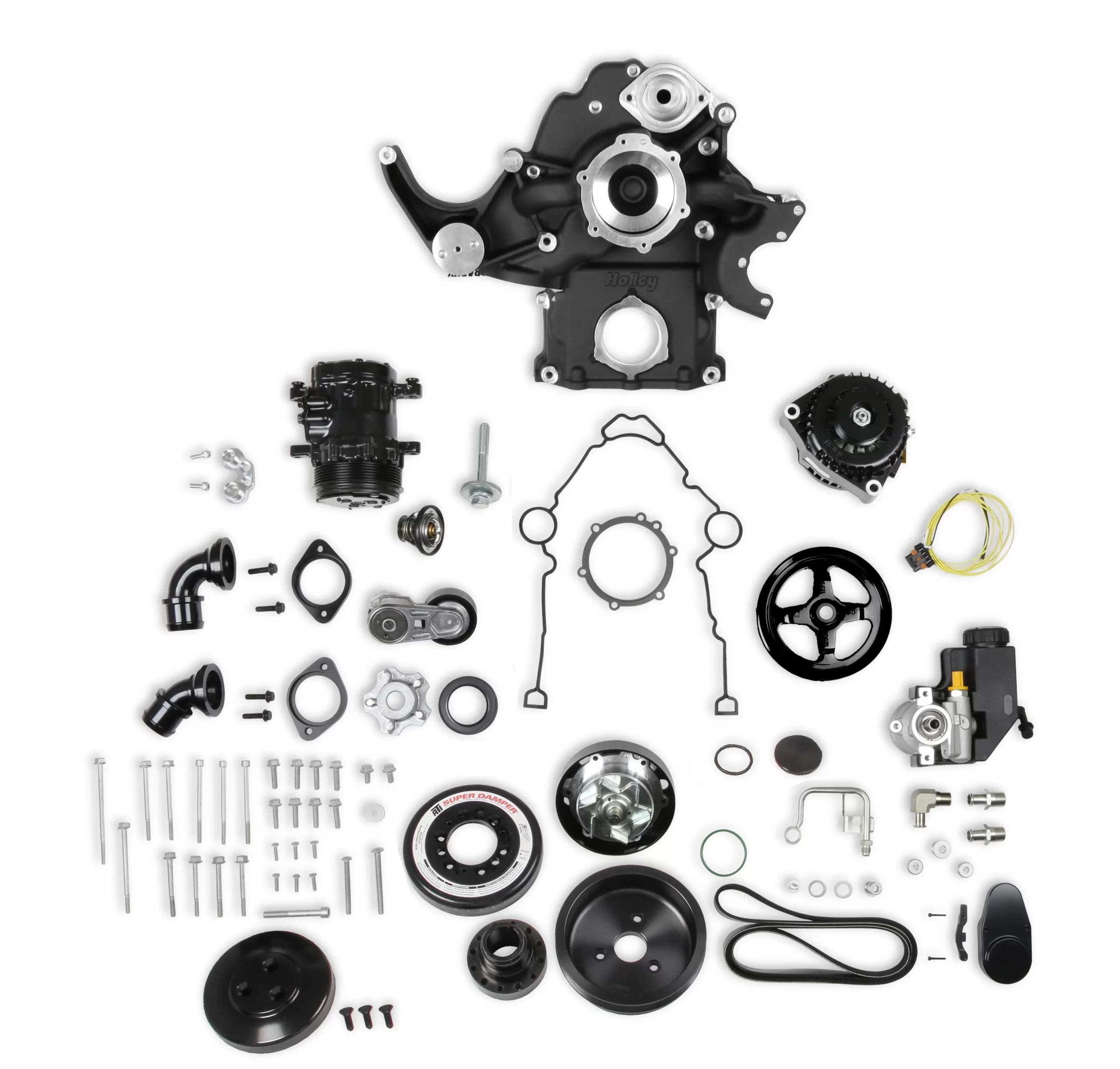 HOLLEY PREMIUM BLACK MID-MOUNT COMPLETE ACCESSORY SYSTEM Gen III Hemi Engine - VVT - Fits 2009 & Up 5.7L & 2011 & Up 6.4L Engines - Black Finish - SFI Certified Damper with Billet Aluminum Pulley Damper Style - SFI Certified Engine - Gen III Hemi - VVT Finish - Black Part # 20-293BK