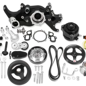HOLLEY MID-MOUNT COMPLETE ACCESSORY DRIVE SYSTEM FOR LT ENGINES -BLACK Complete GM Gen V LT Accessory Drive System w/ Alt, P/S, A/C, Water Pump, Belts, and crankshaft damper with Black Finish  Part #  20-205BK