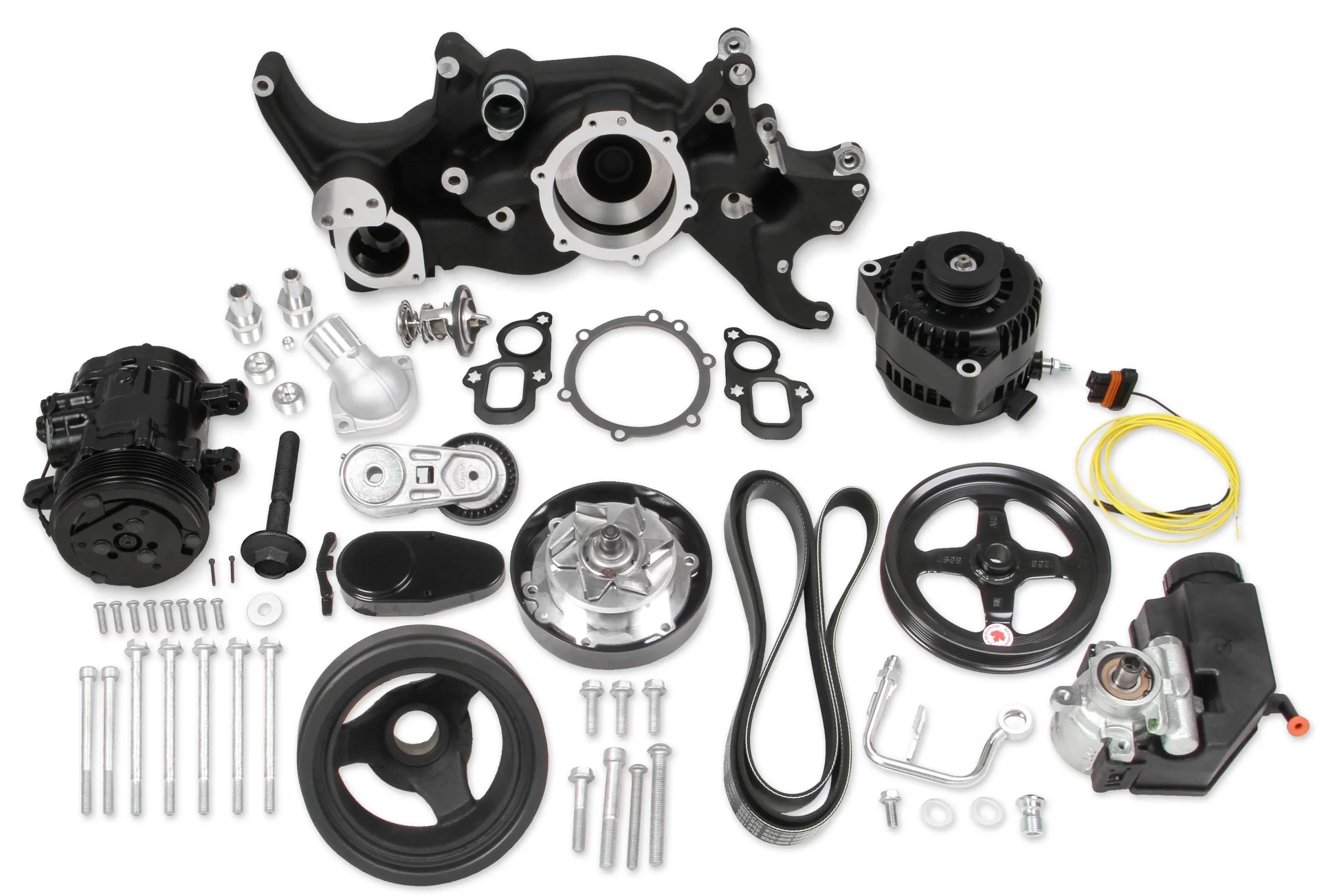 HOLLEY MID-MOUNT COMPLETE ACCESSORY DRIVE SYSTEM FOR LT ENGINES -BLACK Complete GM Gen V LT Accessory Drive System w/ Alt, P/S, A/C, Water Pump, Belts, and crankshaft damper with Black Finish Part # 20-205BK