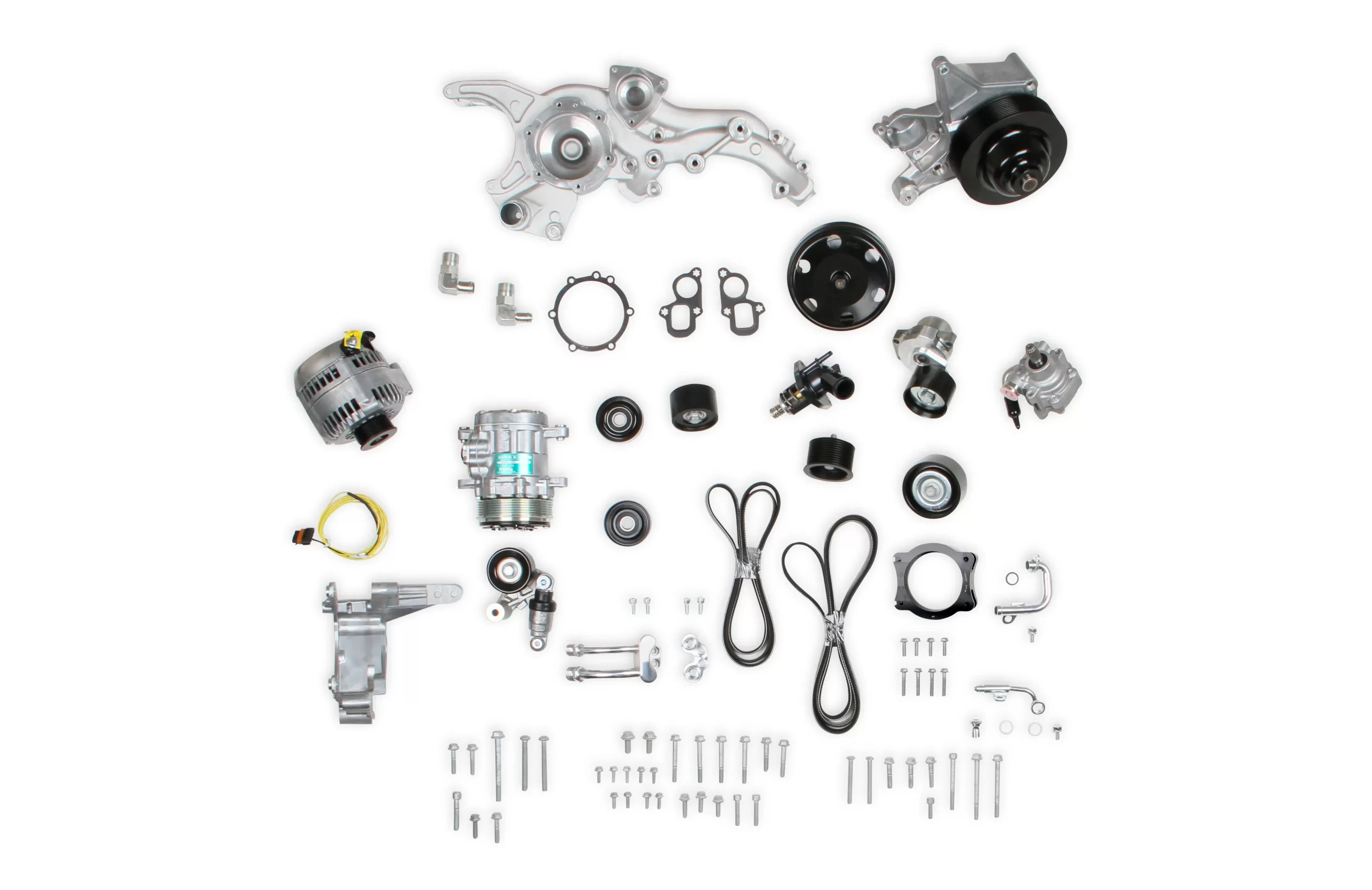 HOLLEY PREMIUM MID-MOUNT COMPLETE ACCESSORY SYSTEM FOR GM GEN V LT5 DRY SUMP ENGINES Complete GM Gen V LT5 Accessory Drive System w/ Alt, P/S, A/C, Water Pump, Belts, and hardware. Part # 20-230