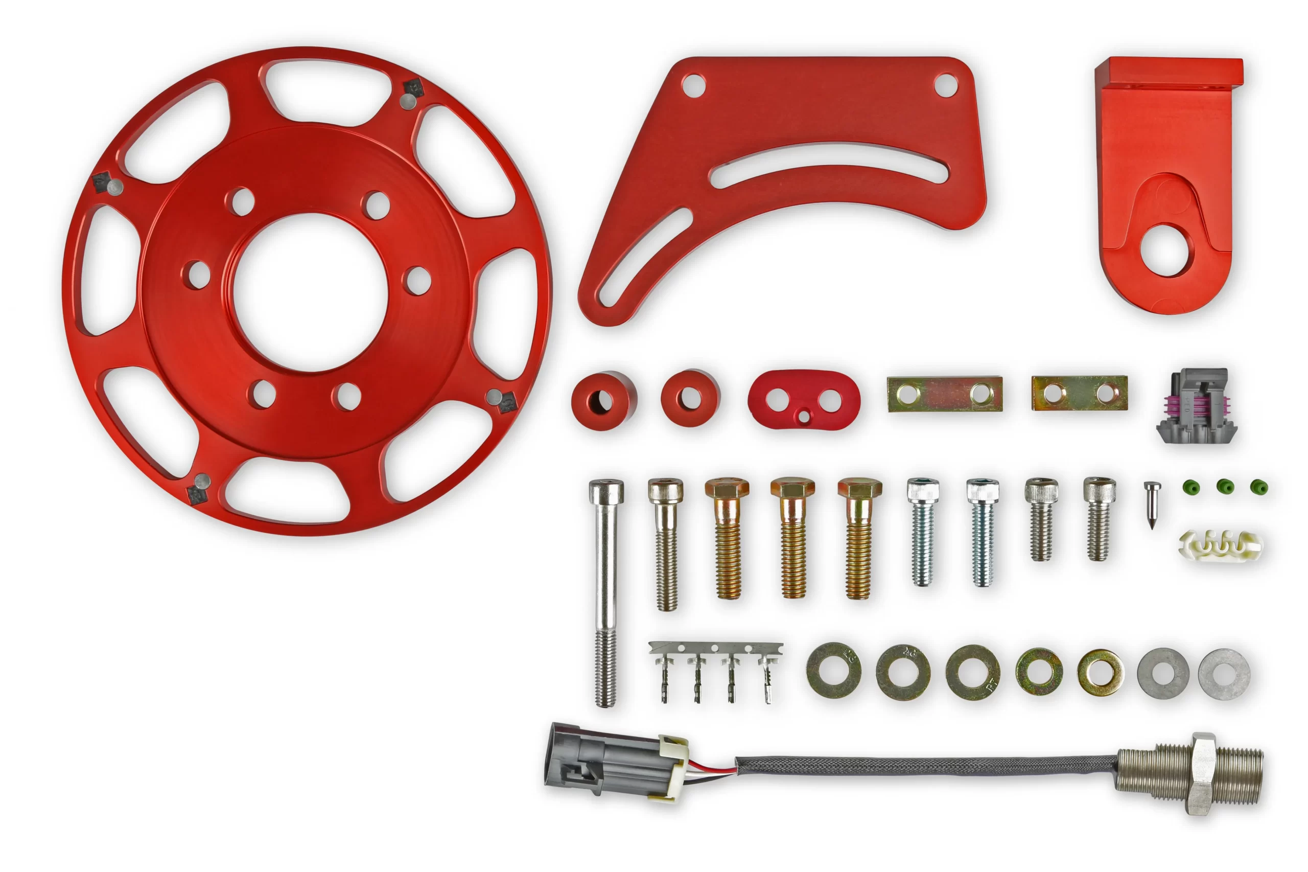 MSD CRANK TRIGGER WHEEL KIT - FLYING MAGNET - HALL-EFFECT - 7 IN. Ford Coyote - Crank Trigger Wheel and Hall-Effect Crank Sensor - Red Color - Red Diameter - 7.00" Make - Ford Coyote Sensor Type - Hall Effect Part # 8647