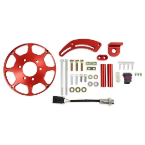 MSD CRANK TRIGGER KIT - FLYING MAGNET - HALL-EFFECT - LS GEN III/IV - 8.00 IN. Small Block Chevrolet - Gen III/IV - Adjustable Timing Pointer - Red   Color - Red    Diameter - 8 in.    Make - Chevrolet    Sensor Type - Hall Effect Part #  8623-MSD