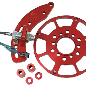 MSD CRANK TRIGGER WHEEL KIT - FLYING MAGNET - SBC - 8 IN. Small Block Chevy - Use with MSD 6/7/8 Series Ignition - Red   Color - Red    Diameter - 8"    Make - Chevrolet    Sensor Type - Magnetic Part #  8615