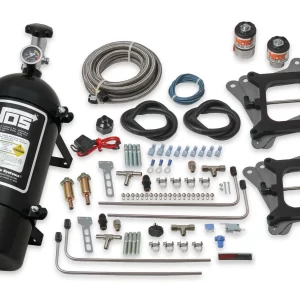 NOS CHEATER WET NITROUS SYSTEM FOR 2X4 DUAL 4150 4-BARREL CARBURETORS-BLACK Fits 2x4 Dual Holley 4150 and Carter AFB (late), Adjustable 150-250 HP, includes Black 10 lb Bottle  Part #  02010BNOS