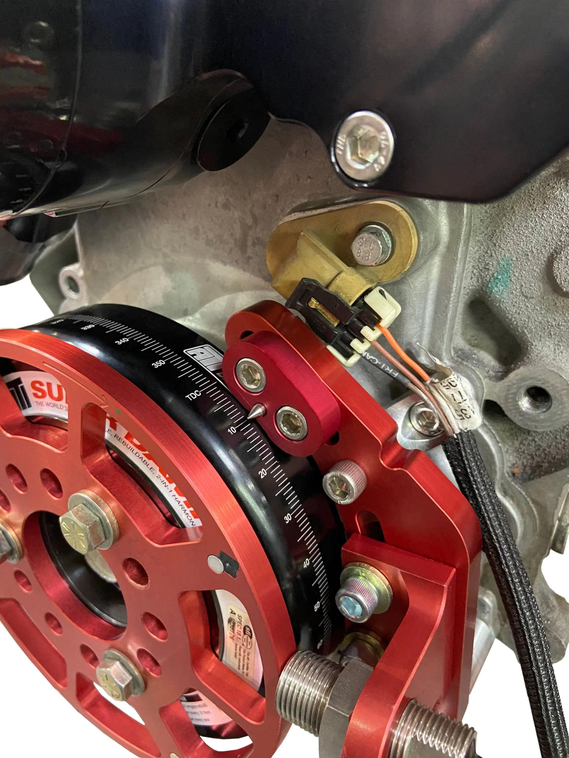 MSD CRANK TRIGGER KIT - FLYING MAGNET - HALL-EFFECT - LS GEN III/IV - 7.25 IN. Small Block Chevrolet - Gen III/IV - Adjustable Timing Pointer - Red Color - Red Diameter - 7.25 in. Make - Chevrolet Sensor Type - Hall Effect Part # 8619 - Image 3