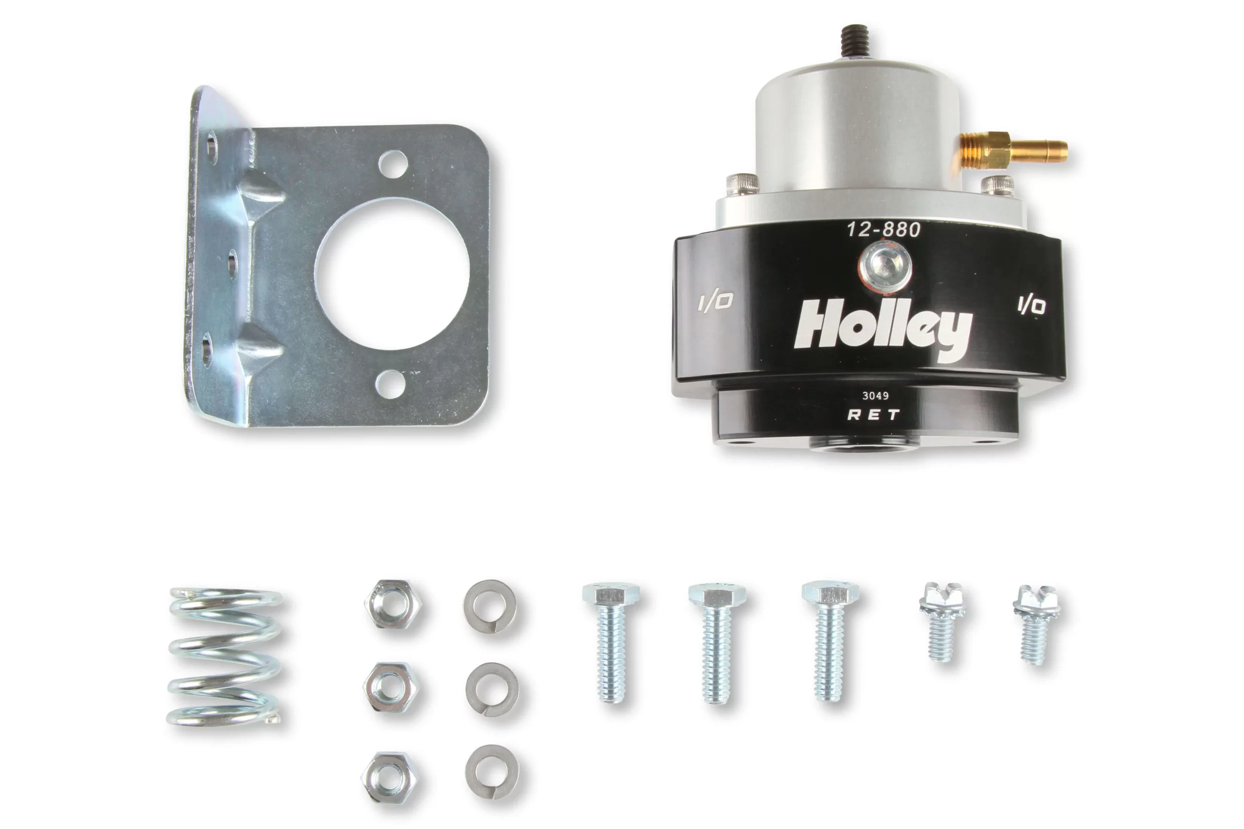 HOLLEY ADJUSTABLE BILLET BY-PASS REGULATOR-6AN KIT Adjustable billet by-pass return style fuel pressure regulator 6AN Kit with Fuel Pressure Gauge and Adapter Fittings Boost Reference - 1:1 Part # 12-880KIT
