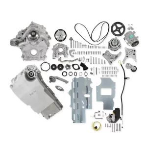 Holley Holley Godzilla High-Mount Accessory Drive - F100 Swap - Complete - Natural Fits Ford 7.3L Godzilla - Includes Holley Timing Cover/Coolant Manifold, SD7 A/C Compressor, Alternator, P/S Pump, Tensioner, Water Pump, Belt & Pulleys, Oil Pump, and Oil Pan  Part #  20-345