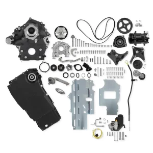 Holley Godzilla High-Mount Accessory Drive - F100 Swap - Complete - Black Fits Ford 7.3L Godzilla - Includes Holley Timing Cover/Coolant Manifold, SD7 A/C Compressor, Alternator, P/S Pump, Tensioner, Water Pump, Belt & Pulleys, Oil Pump, and Oil Pan  Part #  20-345BK